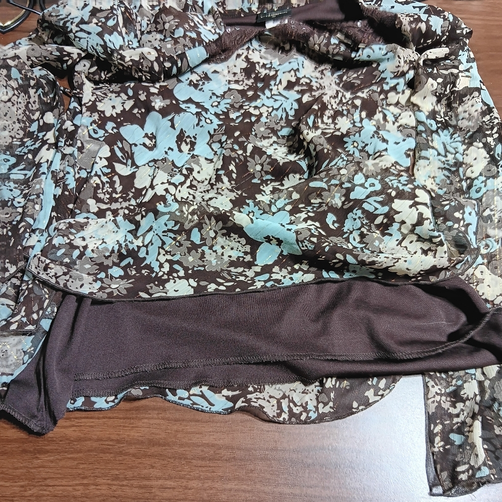 Tailor B. Moss Women's M Brown & Teal Floral Babydoll Style Long-Sleeve Top - Picture 7 of 8
